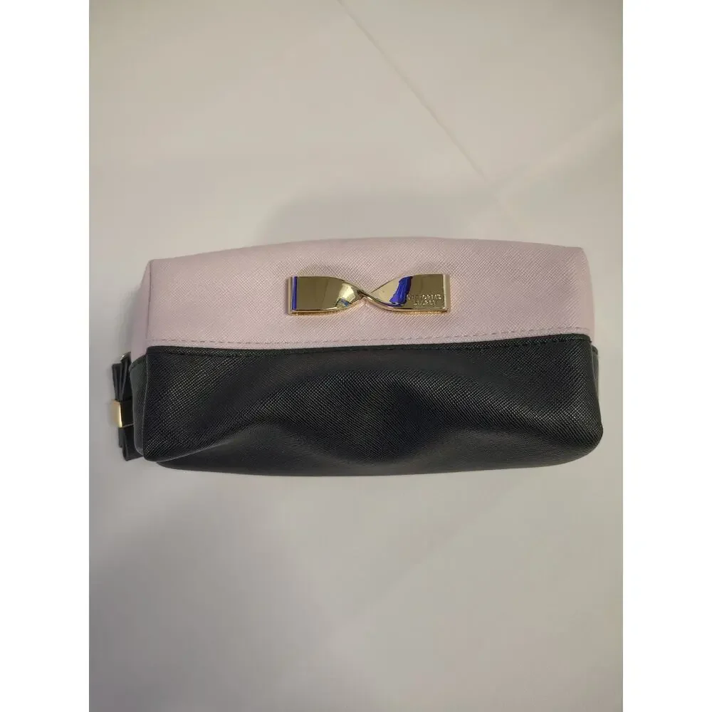 Victoria's Secret Cosmetic Pink/Black Gold Logo Metal Bow Zip Travel Bag